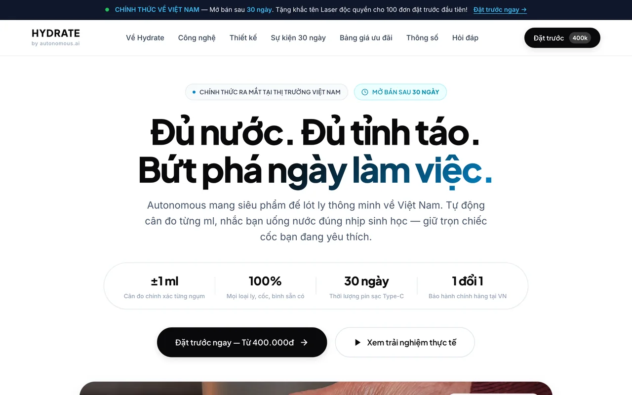 Trang đặt trước tiếng Việt cho Hydrate AI, có giá combo và đồng hồ đếm ngược mở bán