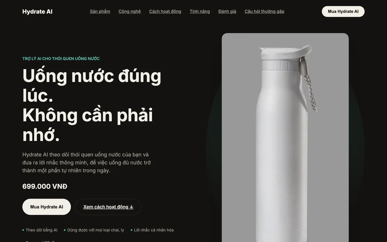 Trang sản phẩm tiếng Việt cho Hydrate AI với ảnh sản phẩm và bảng giá